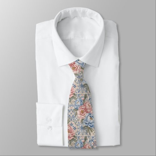 Vintage Floral Blue Pink Peony Tile Pattern Neck Tie