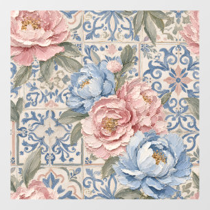 Vintage Floral Blue Pink Peony Tile Pattern Wall Decal