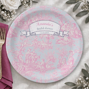 Vintage floral blue pink toile de jouy shower paper plates