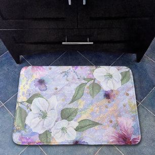Vintage floral blue purple gold watercolor script bath mat