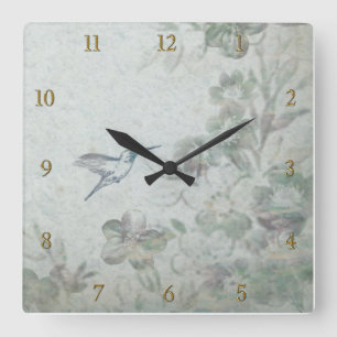Vintage Floral Blue Square Wall Clock
