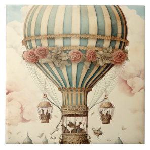 Vintage Floral Blue Stripe  Hot Air Balloon Ceramic Tile