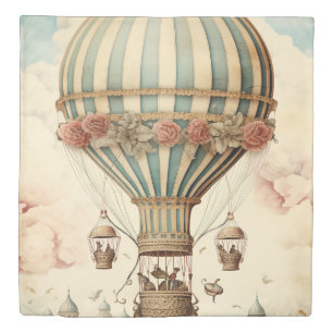Vintage Floral Blue Stripe  Hot Air Balloon Duvet Cover