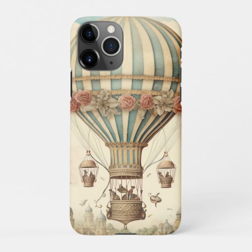 Vintage Floral Blue Stripe  Hot Air Balloon iPhone 11Pro Case