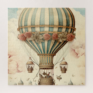 Vintage Floral Blue Stripe Hot Air Balloon Jigsaw Puzzle
