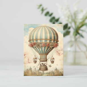 Vintage Floral Blue Stripe  Hot Air Balloon Postcard