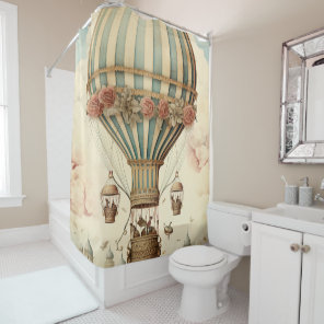 Vintage Floral Blue Stripe  Hot Air Balloon Shower Curtain