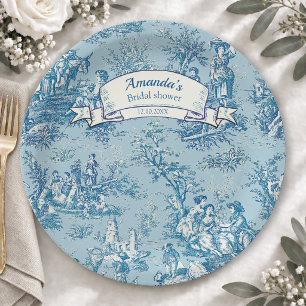 Vintage floral blue teal toile de jouy paper plates