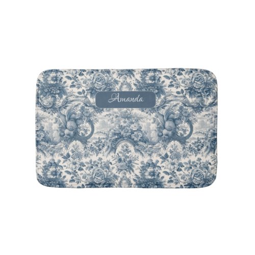 Vintage floral Blue toile de jouy monogram Bath Mat