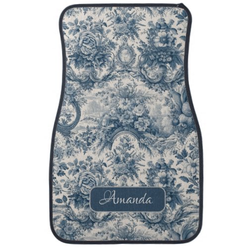 Vintage floral Blue toile de jouy monogram Car Floor Mat