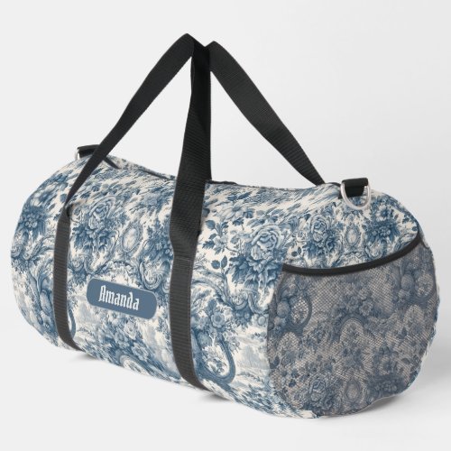 Vintage floral Blue toile de jouy monogram Duffle Bag