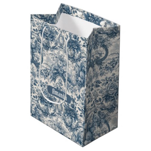Vintage floral Blue toile de jouy monogram Medium Gift Bag