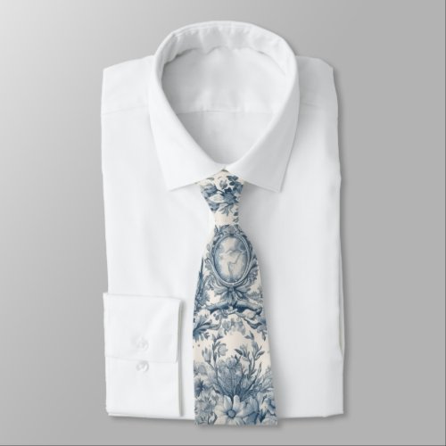 Vintage floral Blue toile de jouy monogram Neck Tie