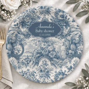 Vintage floral Blue toile de jouy monogram Paper Plates