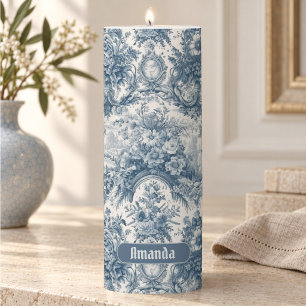 Vintage floral Blue toile de jouy monogram Pillar Candle
