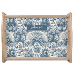 Vintage floral Blue toile de jouy monogram Serving Tray