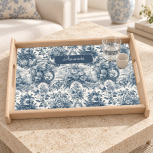 Vintage floral Blue toile de jouy monogram Serving Tray