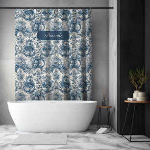 Vintage floral Blue toile de jouy monogram Shower Curtain