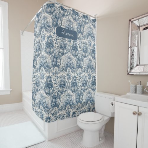 Vintage floral Blue toile de jouy monogram Shower Curtain