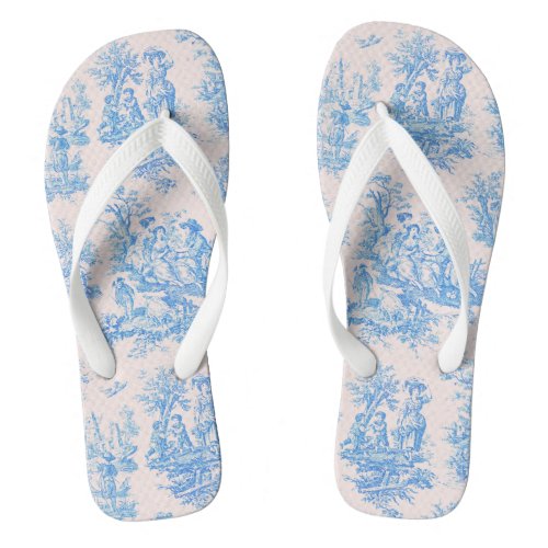 Vintage floral blue turquoise toile jouy flip flops