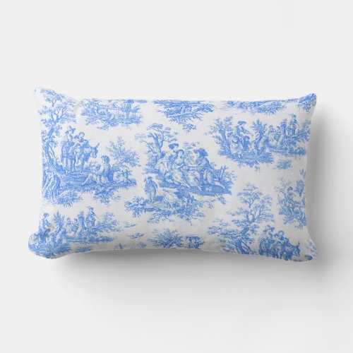 Vintage floral blue turquoise toile jouy lumbar pillow