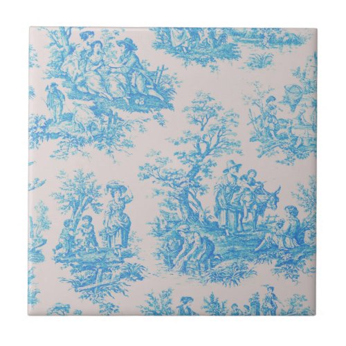 Vintage floral blue turquoise toile jouy monogram ceramic tile