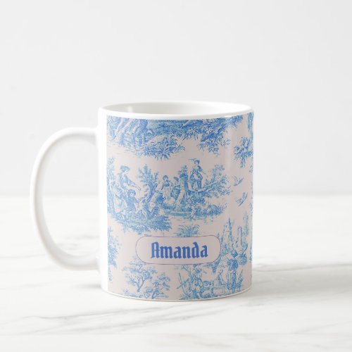 Vintage floral blue turquoise toile jouy monogram coffee mug