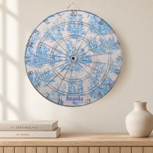 Vintage floral blue turquoise toile jouy monogram dart board