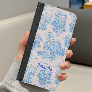 Vintage floral blue turquoise toile jouy monogram iPhone 8/7 wallet case