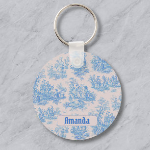 Vintage floral blue turquoise toile jouy monogram keychain