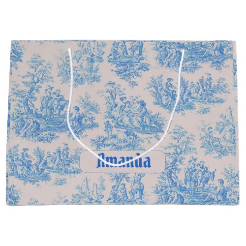 Vintage floral blue turquoise toile jouy monogram large gift bag