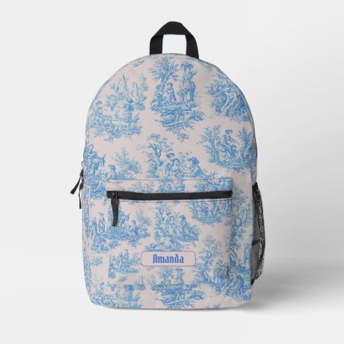 Vintage floral blue turquoise toile jouy monogram printed backpack