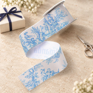 Vintage floral blue turquoise toile jouy monogram satin ribbon
