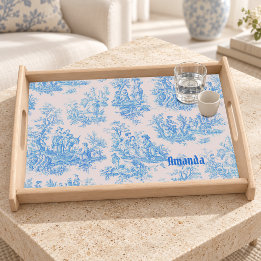 Vintage floral blue turquoise toile jouy monogram serving tray