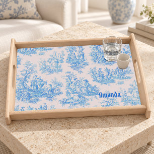 Vintage floral blue turquoise toile jouy monogram serving tray