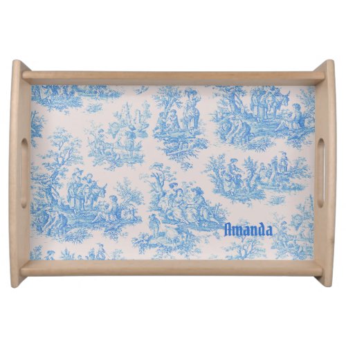Vintage floral blue turquoise toile jouy monogram serving tray