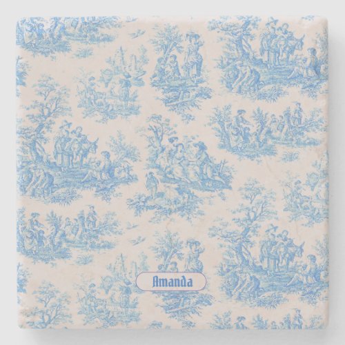 Vintage floral blue turquoise toile jouy monogram stone coaster