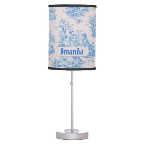Vintage floral blue turquoise toile jouy monogram table lamp
