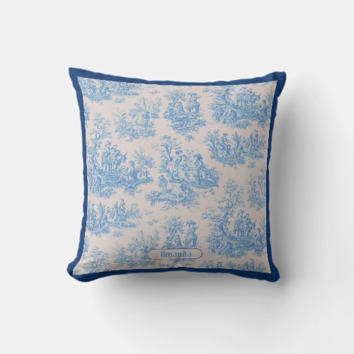 Vintage floral blue turquoise toile jouy monogram throw pillow