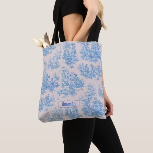 Vintage floral blue turquoise toile jouy monogram tote bag