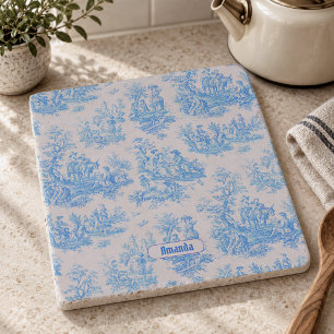 Vintage floral blue turquoise toile jouy monogram trivet