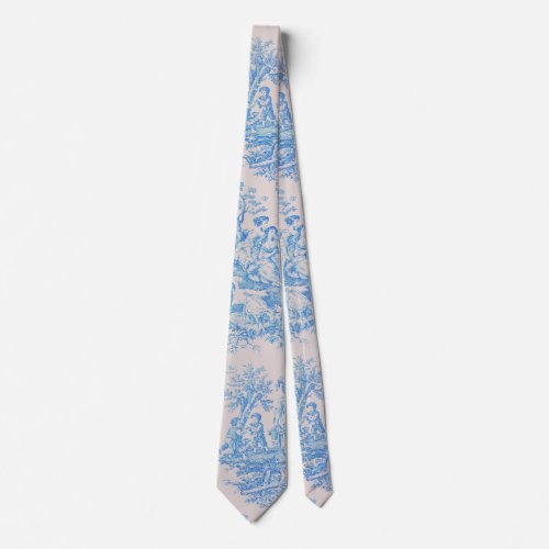 Vintage floral blue turquoise toile jouy neck tie