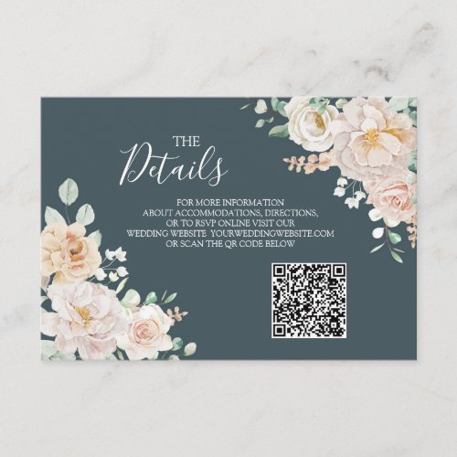 Vintage Floral Blue Wedding QR code Details Insert
