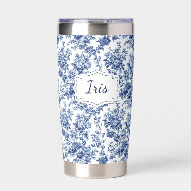 Vintage Floral Blue White Personalized Insulated Tumbler (Front)