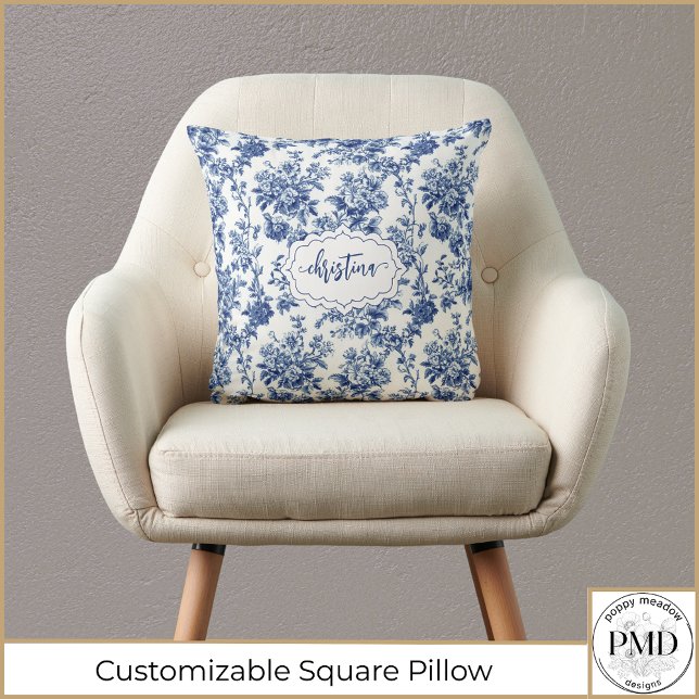Vintage Floral Blue White Personalized Throw Pillow (Vintage Floral Navy Blue and White Toile Personalized Square Throw Pillow, add her Name or Initials.)