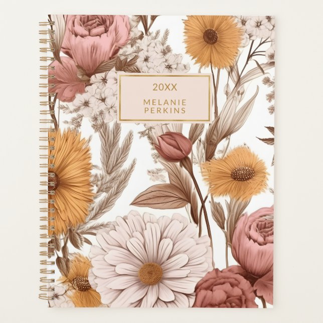 Vintage Floral Blush Cream Boho Wildflowers Planner (Front)
