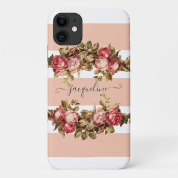 Vintage Floral Blush N White Stripes W Pink Roses Iphone 11 Case by PatternsModerne at Zazzle