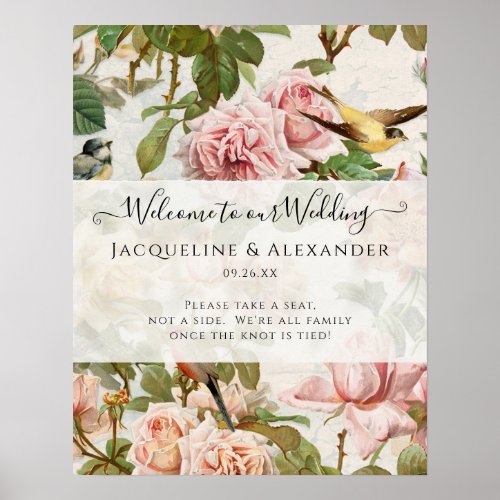 Vintage Floral Blush Pink Birds Welcome to Wedding Poster