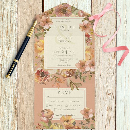 Vintage Floral Blush Pink  Rust Dinner All In One Invitation