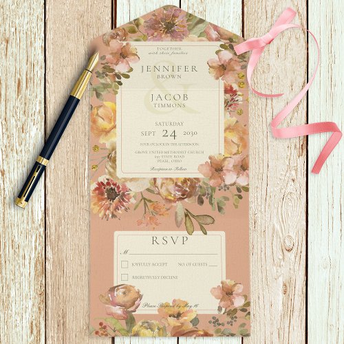 Vintage Floral Blush Pink  Rust No Dinner All In One Invitation